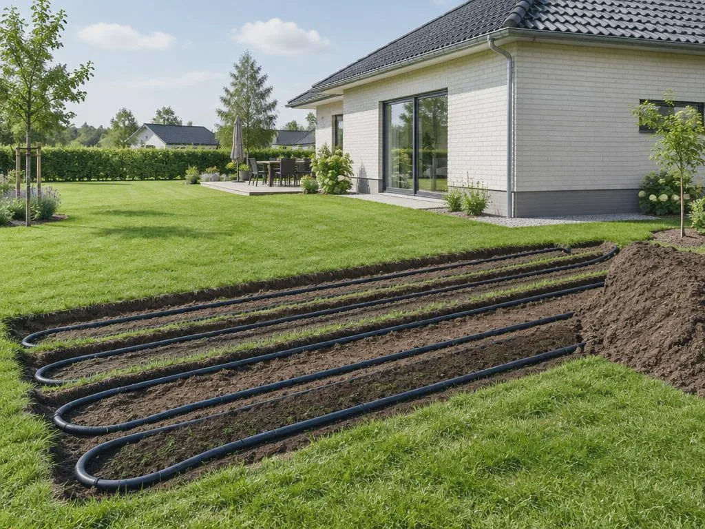 Jordvarme med jordslanger i haven ved et parcelhus